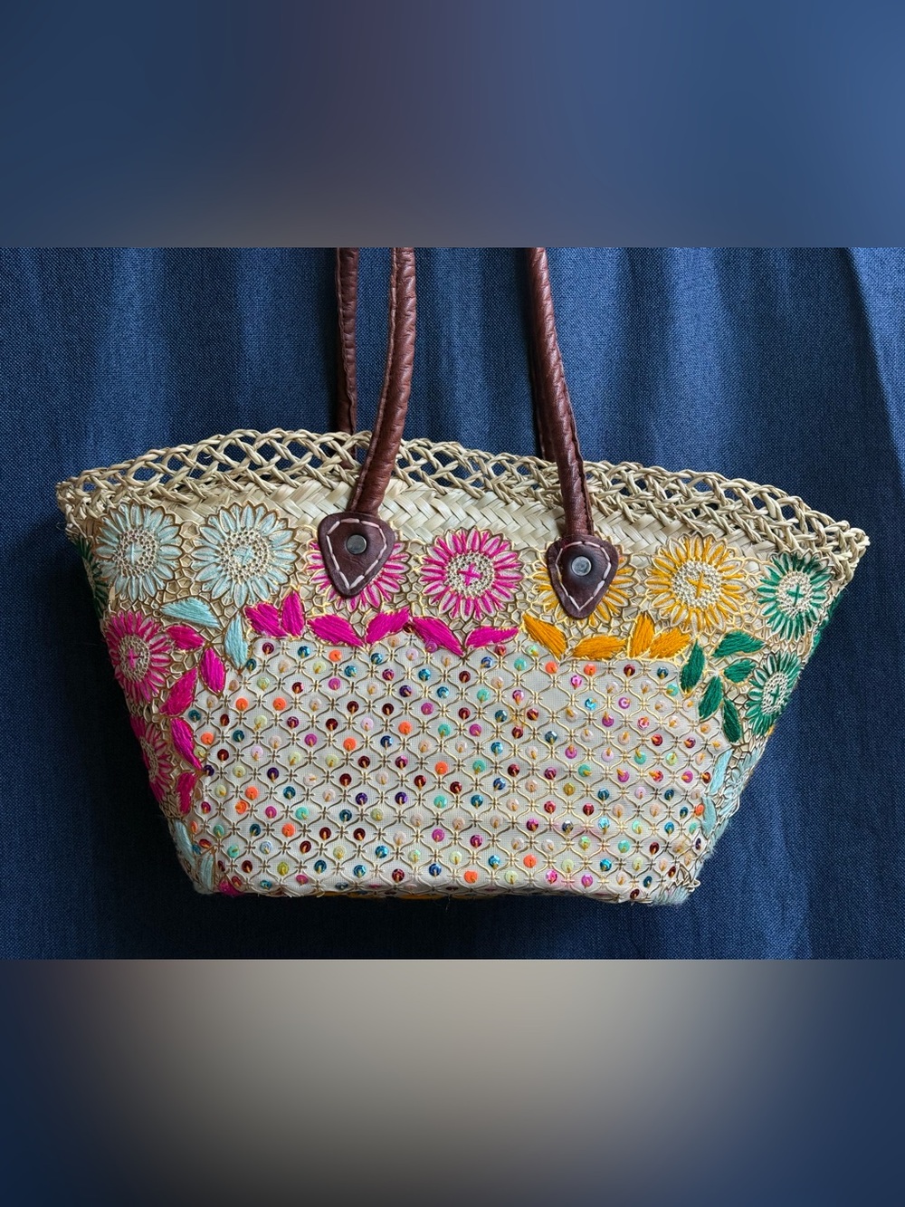 The Winding Road Morocco Straw Woven Tote Bag Embroidered Sequined Floral 18"